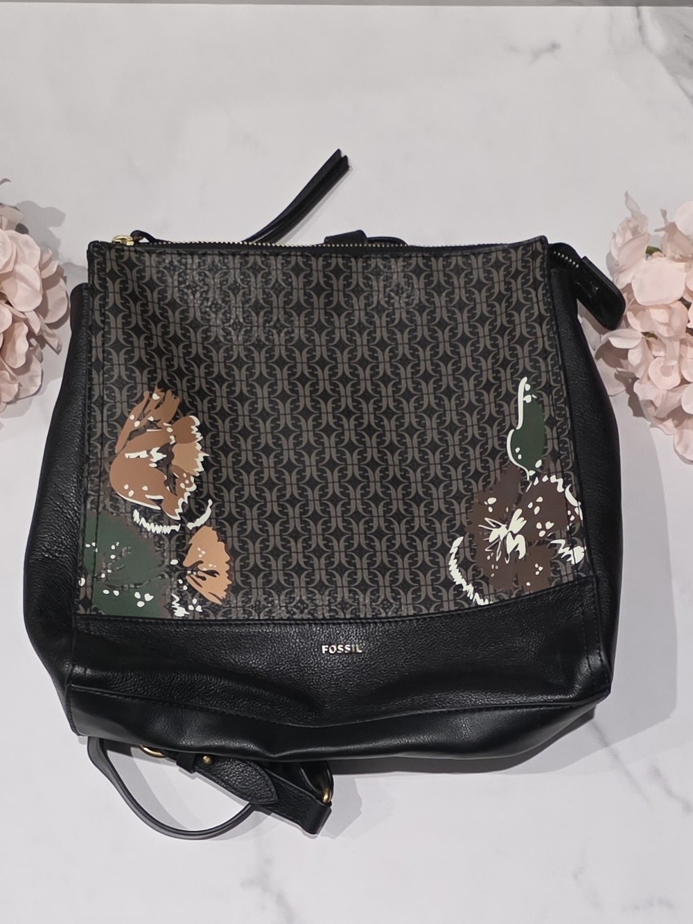 Fossil -Elina Sm Backpack Black Floral-Accent